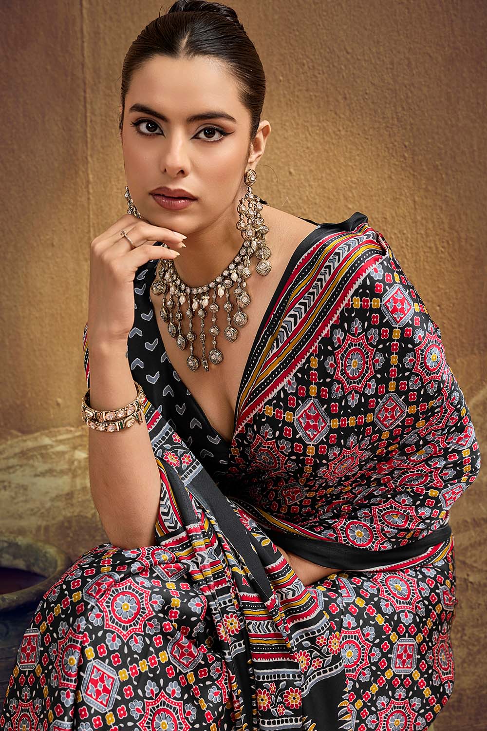 Carina Black Modal Satin Ajrakh Print with Traditional Motifs Ready to Wear Saree
