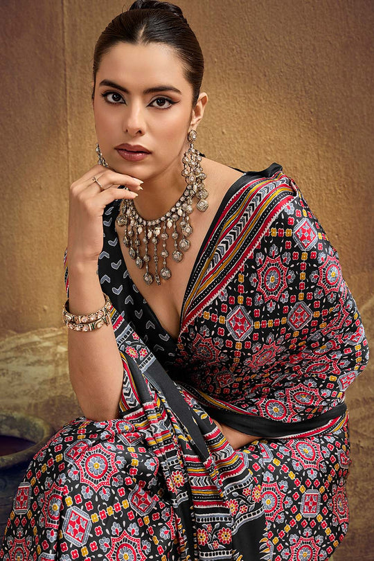 Carina Black Modal Satin Ajrakh Print with Traditional Motifs Ready to Wear Saree