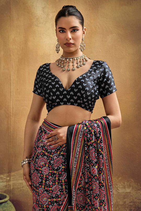 Carina Black Modal Satin Ajrakh Print with Traditional Motifs Ready to Wear Saree
