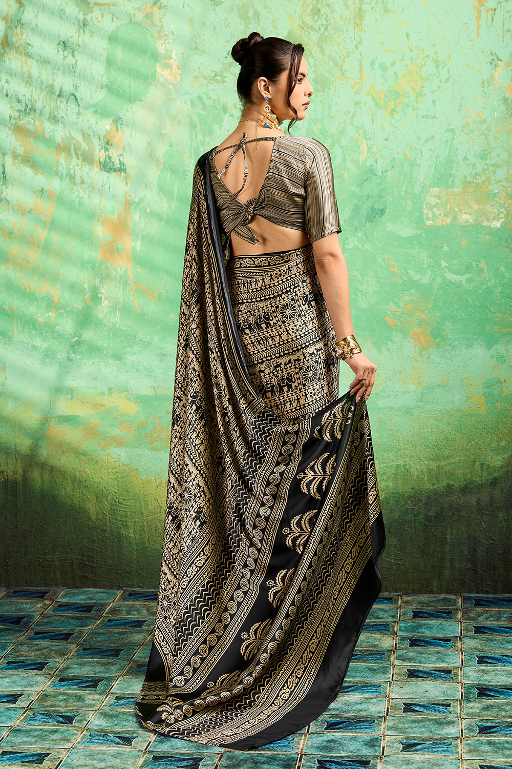 Bea Black Modal Satin Ajrakh Print Ready to Wear Saree