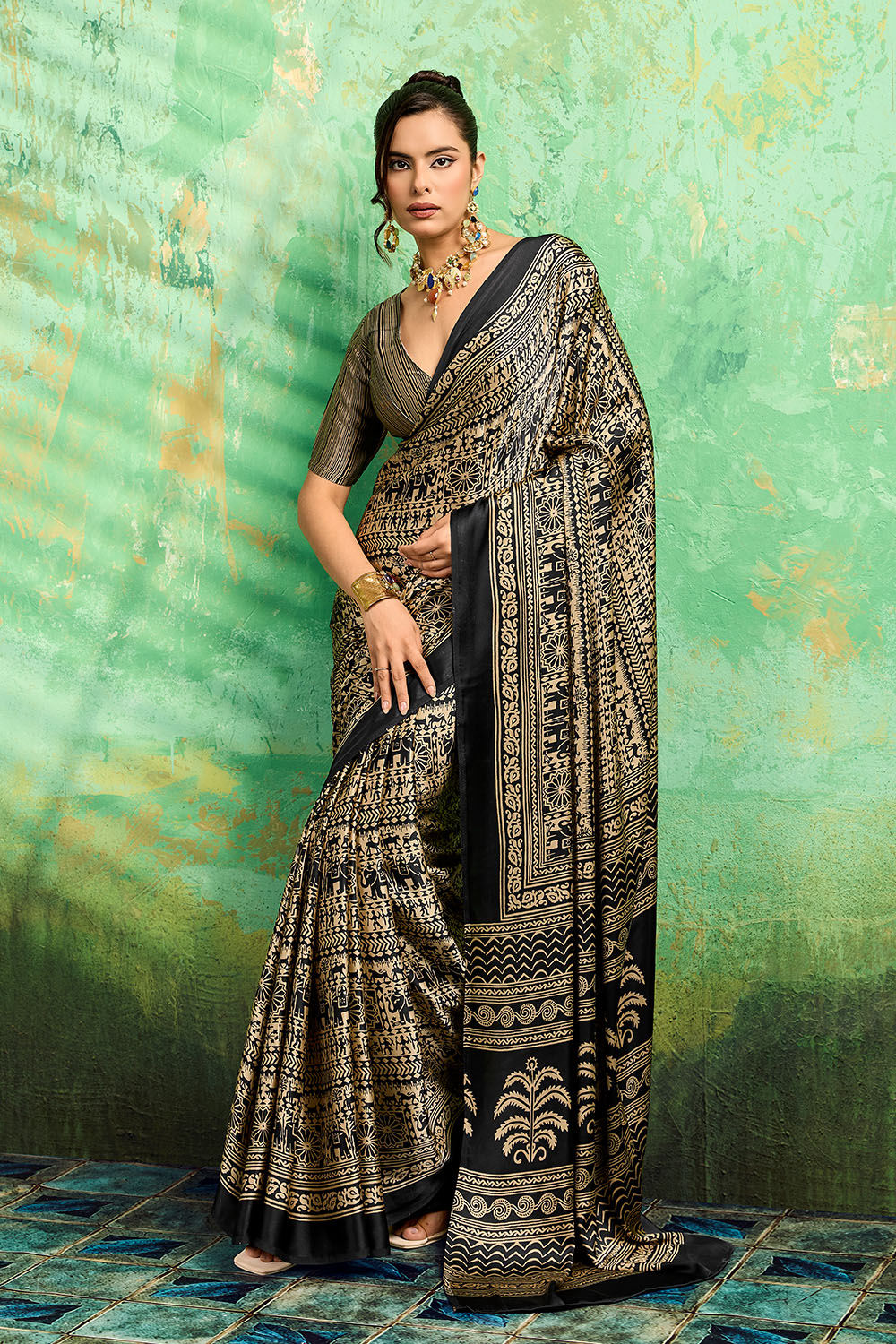 Bea Black Modal Satin Ajrakh Print Ready to Wear Saree