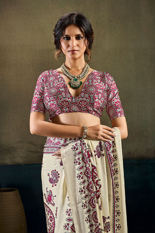 Bea Ivory White Modal Satin Ajrakh Print Ready to Wear Saree