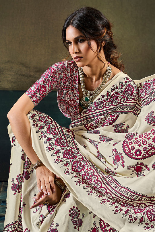Bea Ivory White Modal Satin Ajrakh Print Ready to Wear Saree