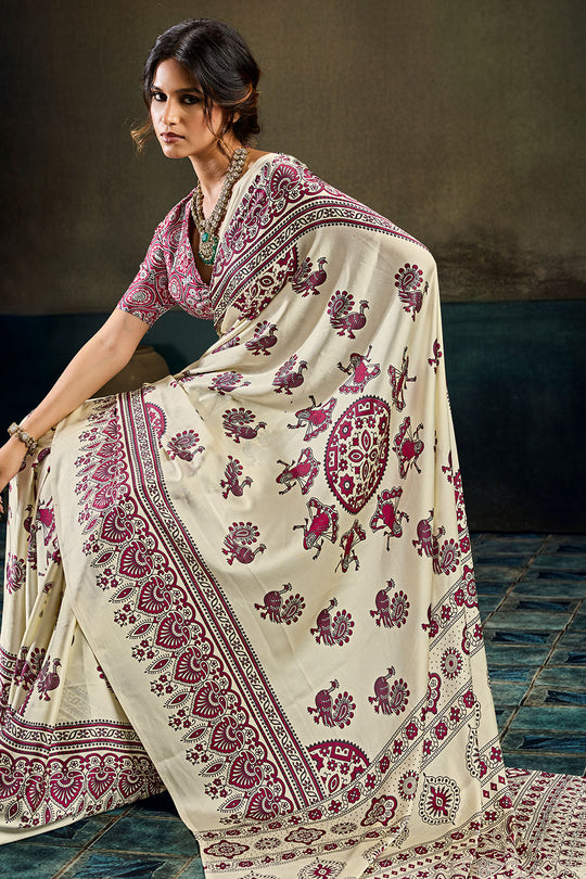 Bea Ivory White Modal Satin Ajrakh Print Ready to Wear Saree
