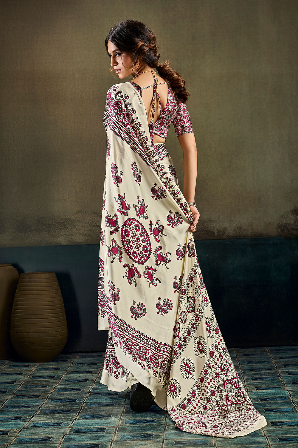 Bea Ivory White Modal Satin Ajrakh Print Ready to Wear Saree