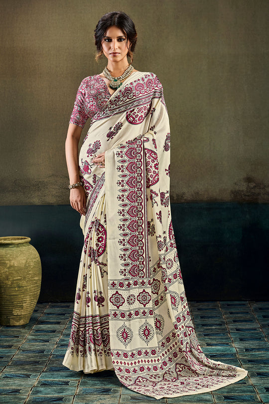 Bea Ivory White Modal Satin Ajrakh Print Ready to Wear Saree