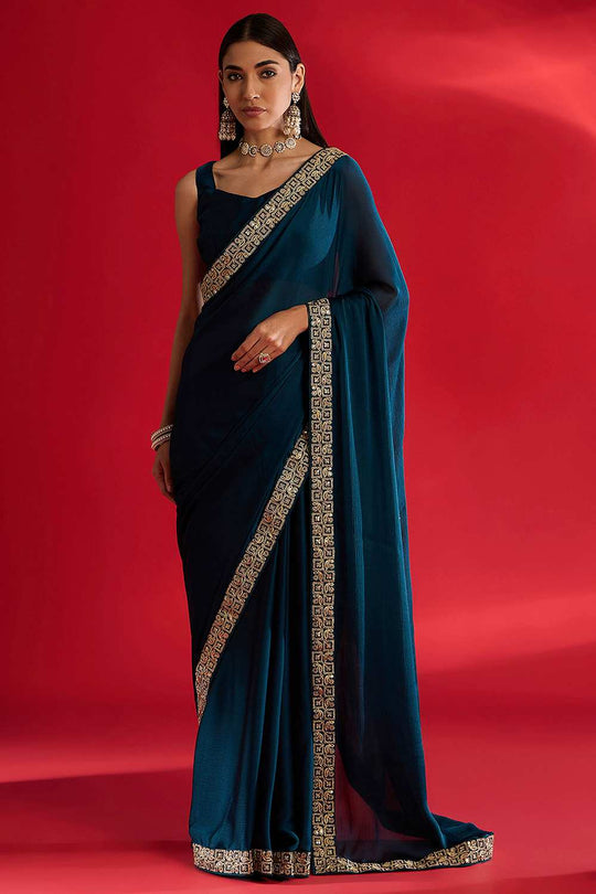 Radha Blue Satin Solid Ready To Wear One Minute Saree