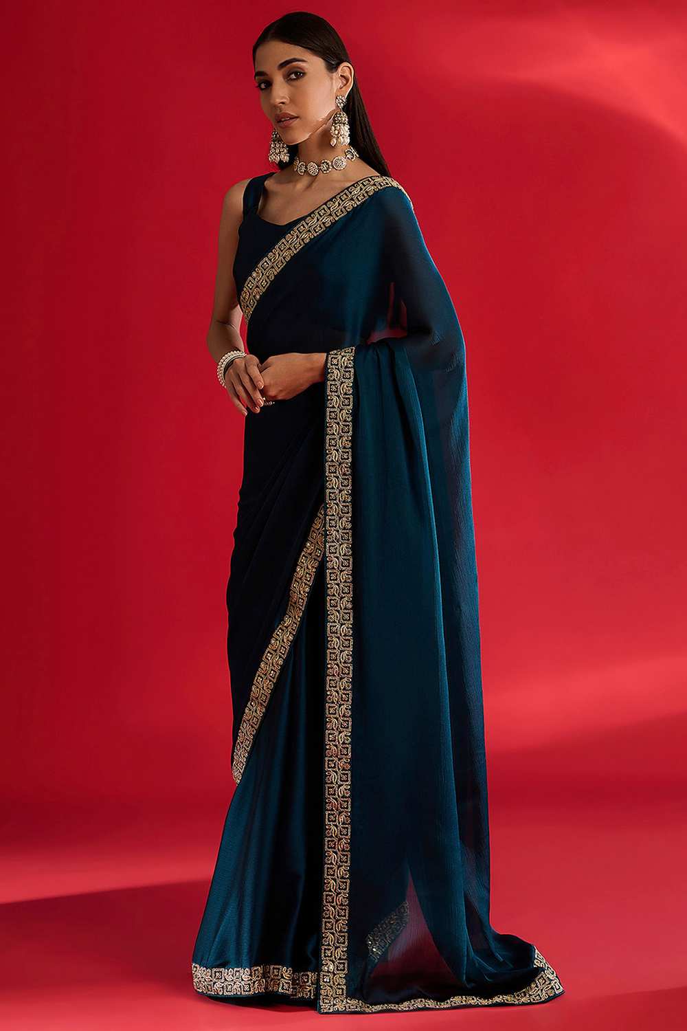 Radha Blue Satin Solid Ready To Wear One Minute Saree