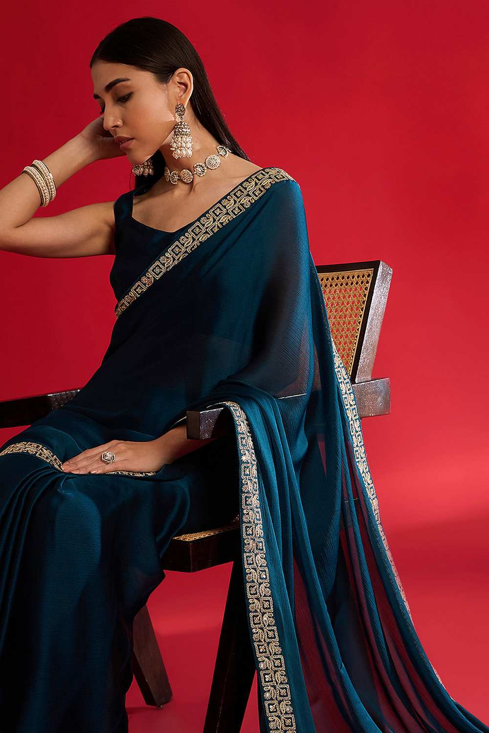 Radha Blue Satin Solid Ready To Wear One Minute Saree