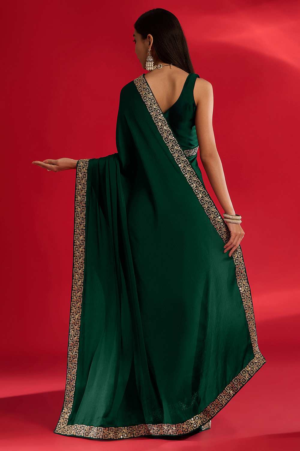 Radha Green Satin Solid Ready To Wear One Minute Saree