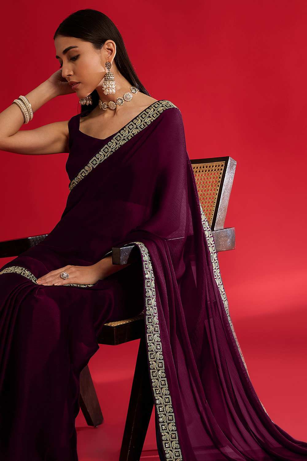 Radha Dark Magenta Satin Solid Ready To Wear One Minute Saree