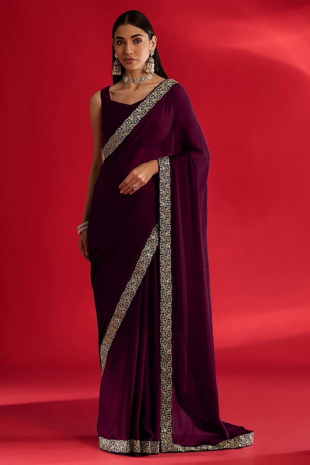 Radha Dark Magenta Satin Solid Ready To Wear One Minute Saree