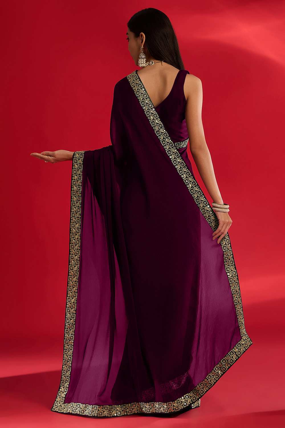 Radha Dark Magenta Satin Solid Ready To Wear One Minute Saree