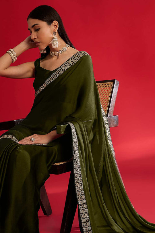 Radha Olive Satin Solid Ready To Wear One Minute Saree