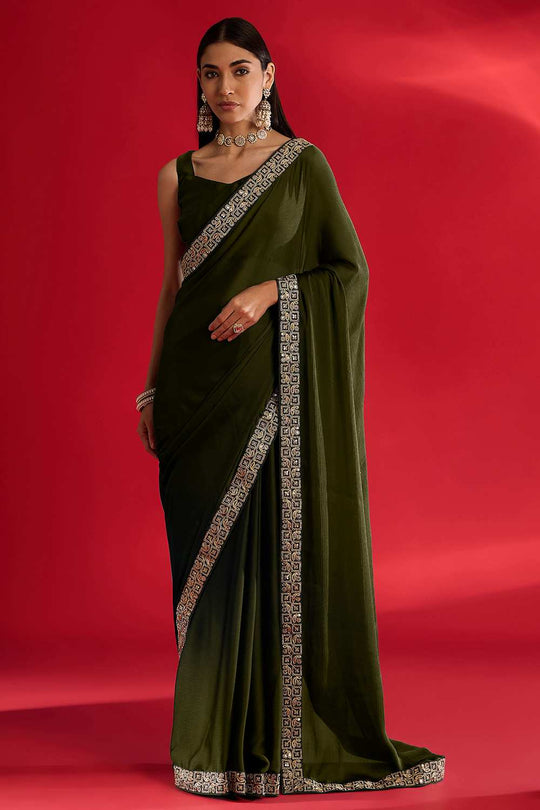 Radha Olive Satin Solid Ready To Wear One Minute Saree