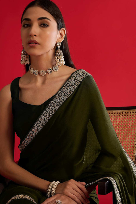 Radha Olive Satin Solid Ready To Wear One Minute Saree