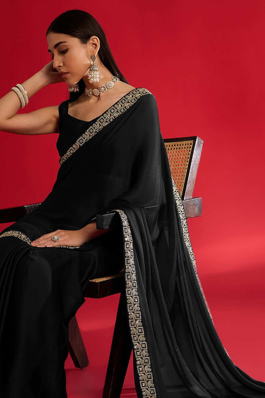 Radha Black Satin Solid Ready To Wear One Minute Saree