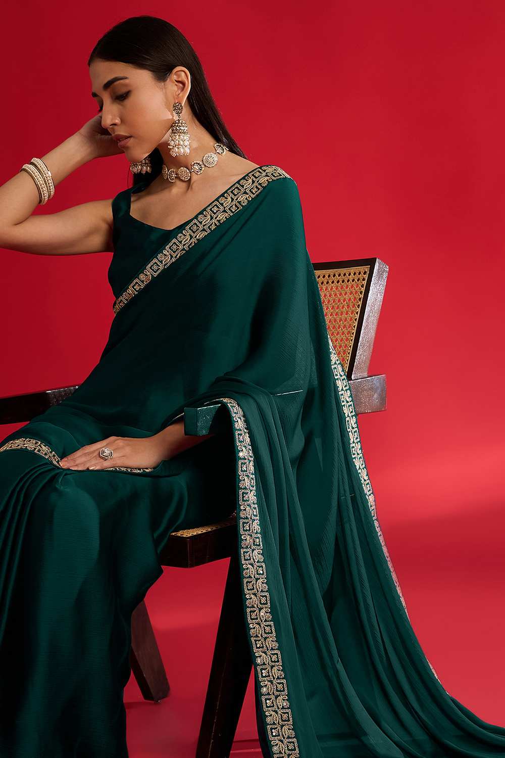 Radha Teal Green Satin Solid Ready To Wear One Minute Saree