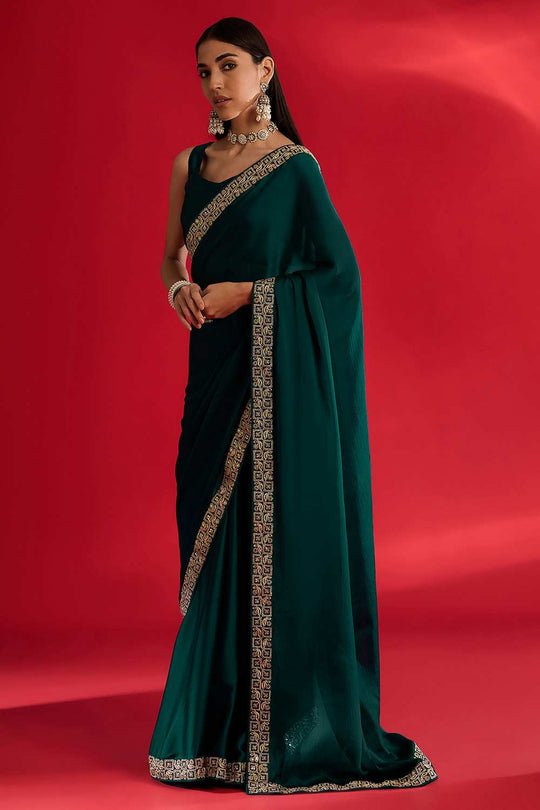 Radha Teal Green Satin Solid Ready To Wear One Minute Saree