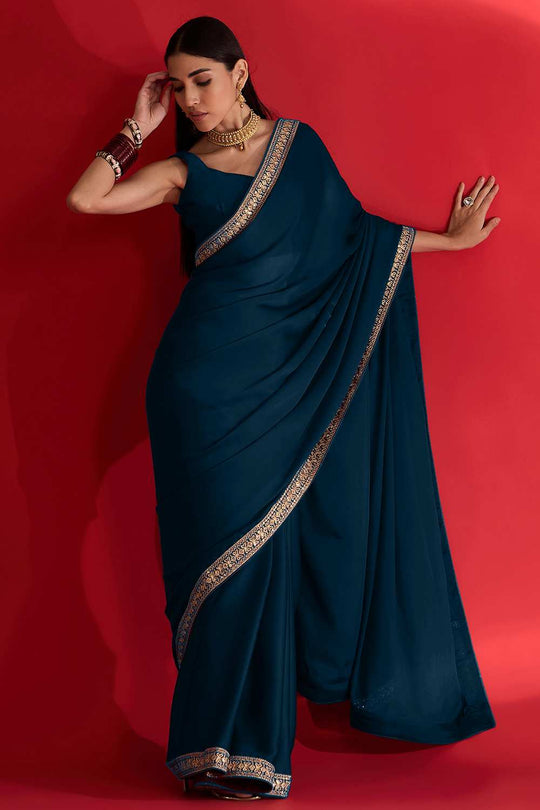 Reshma Teal Blue Satin Lace Work One Minute Saree