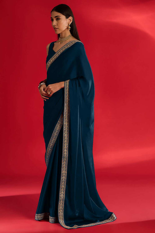 Reshma Teal Blue Satin Lace Work One Minute Saree
