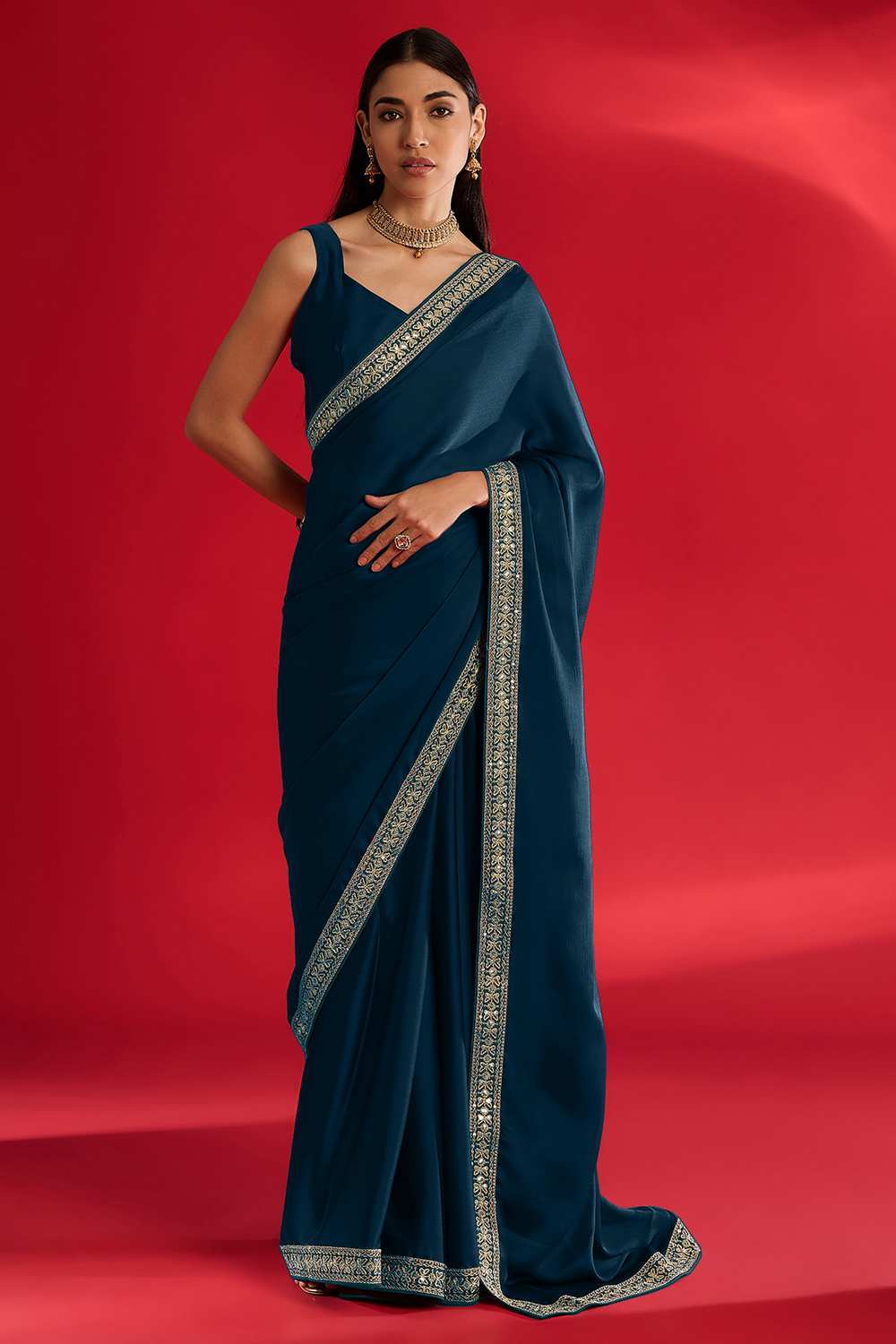 Reshma Teal Blue Satin Lace Work One Minute Saree
