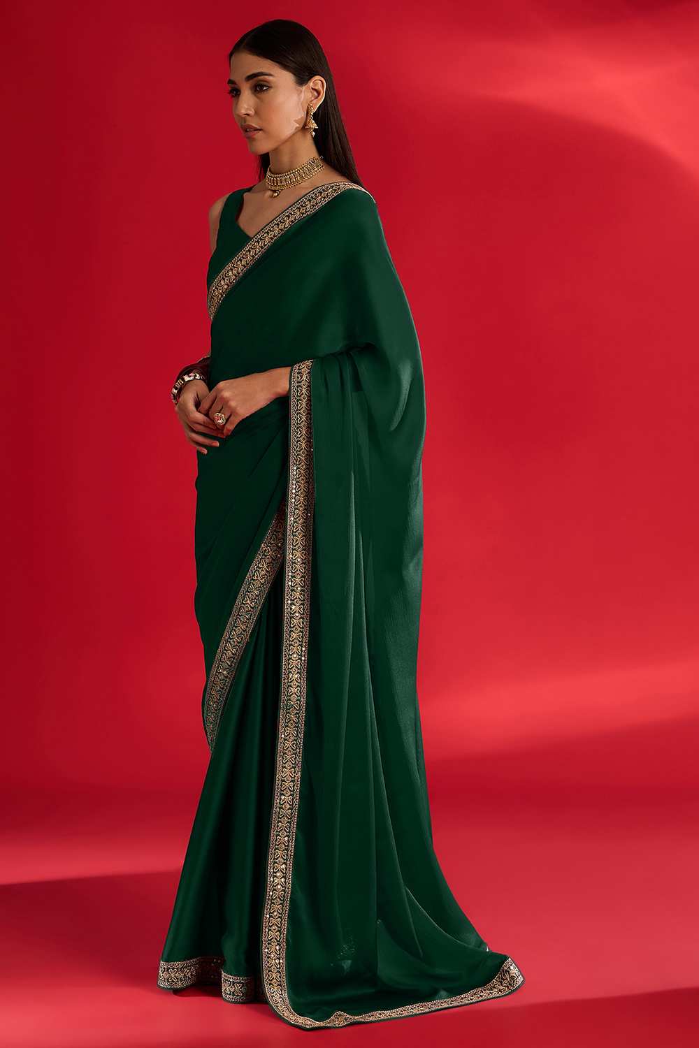 Reshma Green Satin Lace Work One Minute Saree