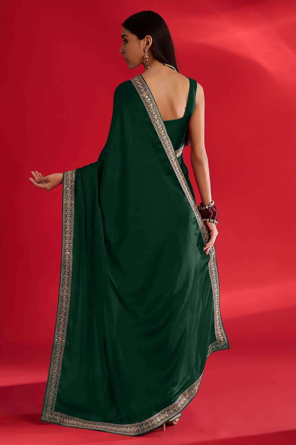Reshma Green Satin Lace Work One Minute Saree