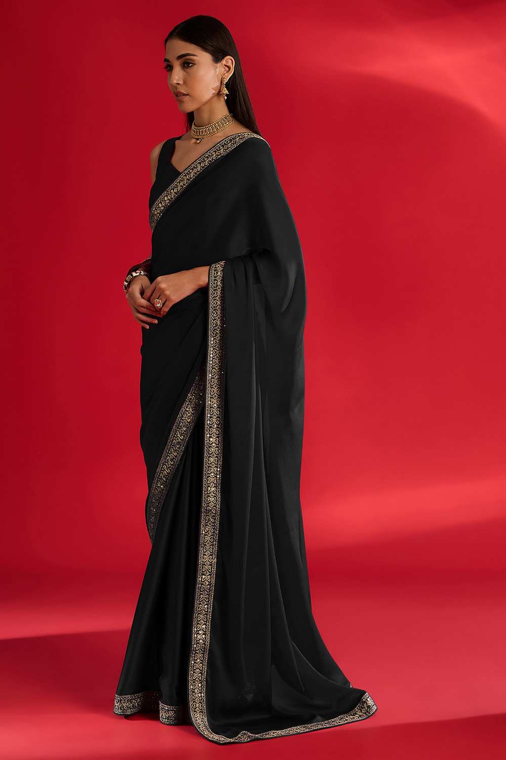 Reshma Black Satin Lace Work One Minute Saree