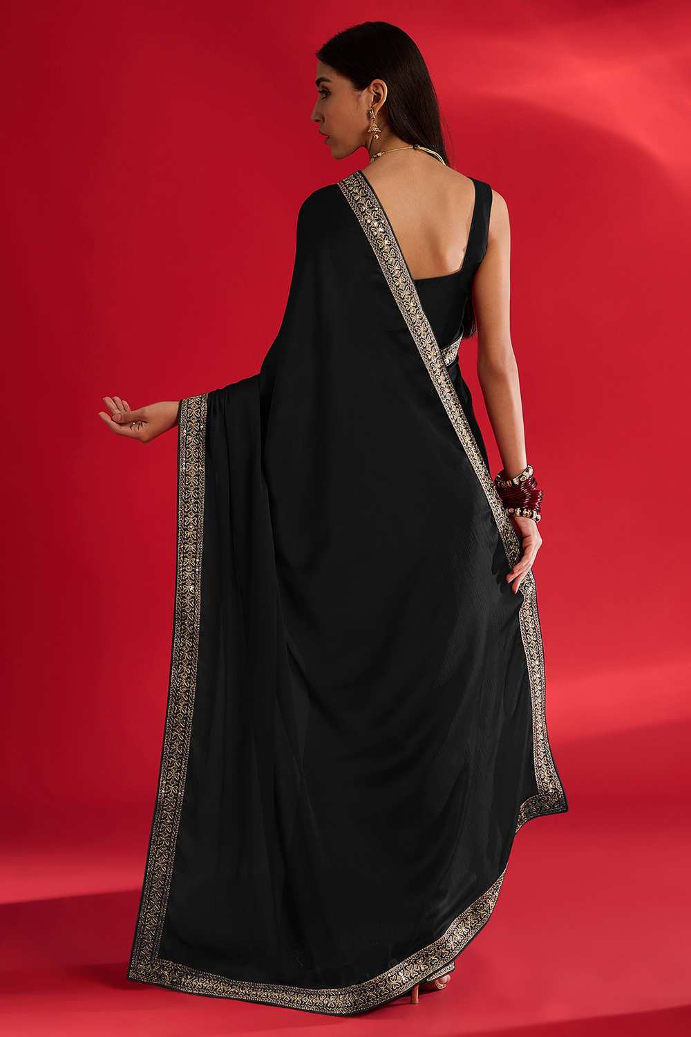Reshma Black Satin Lace Work One Minute Saree