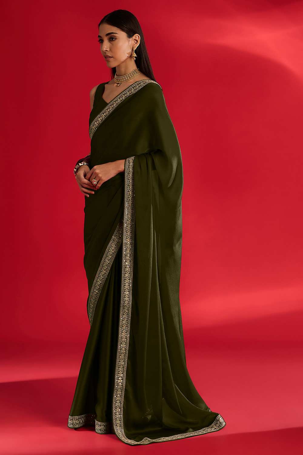 Reshma Olive Satin Lace Border One Minute Saree
