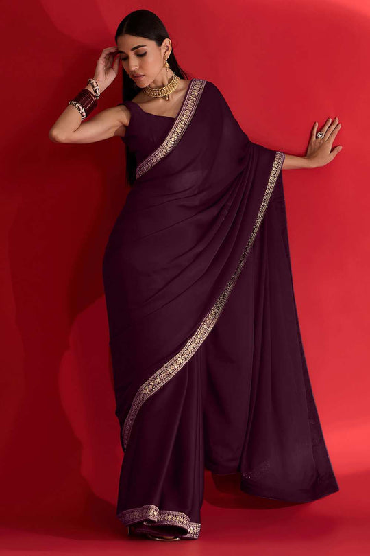 Reshma Dark Magenta Satin Lace Border One Minute Saree