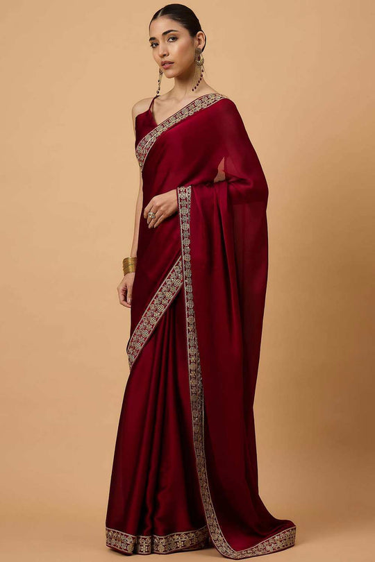 Tyra Maroon Satin Lace Work Border One Minute Saree