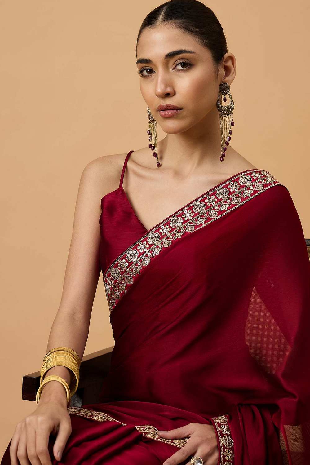 Tyra Maroon Satin Lace Work Border One Minute Saree