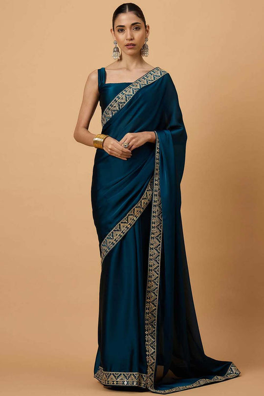 Malena Teal Blue Satin Solid Ready To Wear One Minute Saree