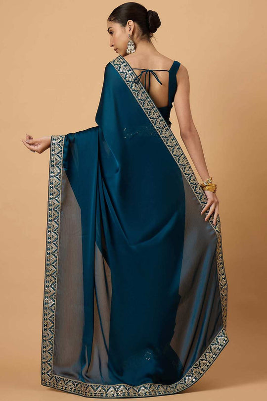 Malena Teal Blue Satin Solid Ready To Wear One Minute Saree