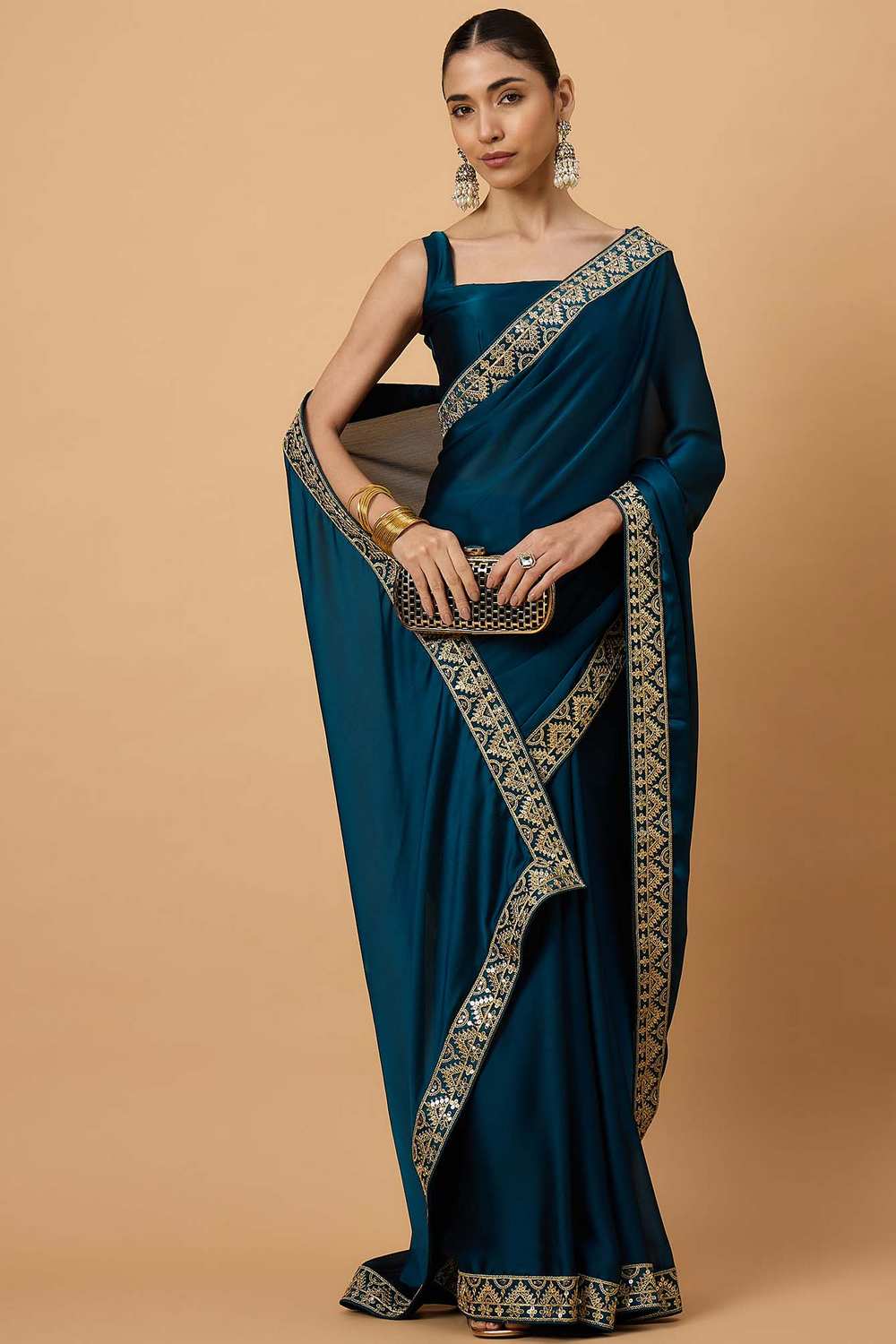 Malena Teal Blue Satin Solid Ready To Wear One Minute Saree