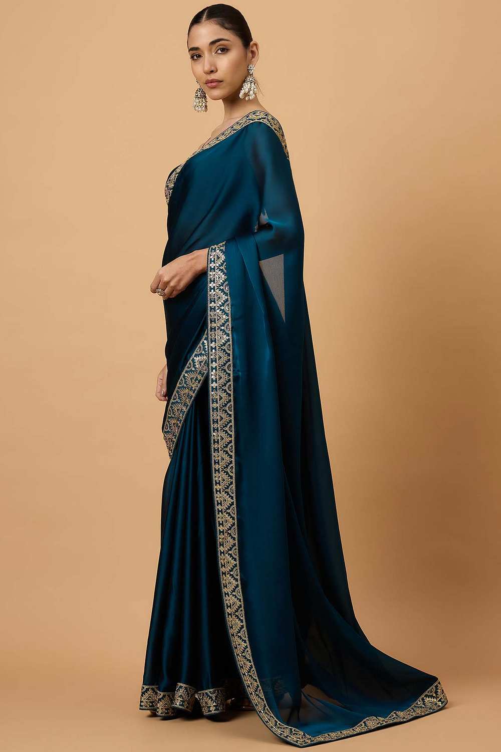 Malena Teal Blue Satin Solid Ready To Wear One Minute Saree