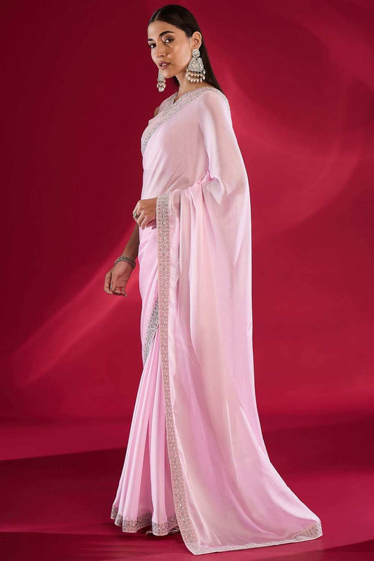 Sofi Pink Satin Silk  Solid Ready To Wear One Minute Saree