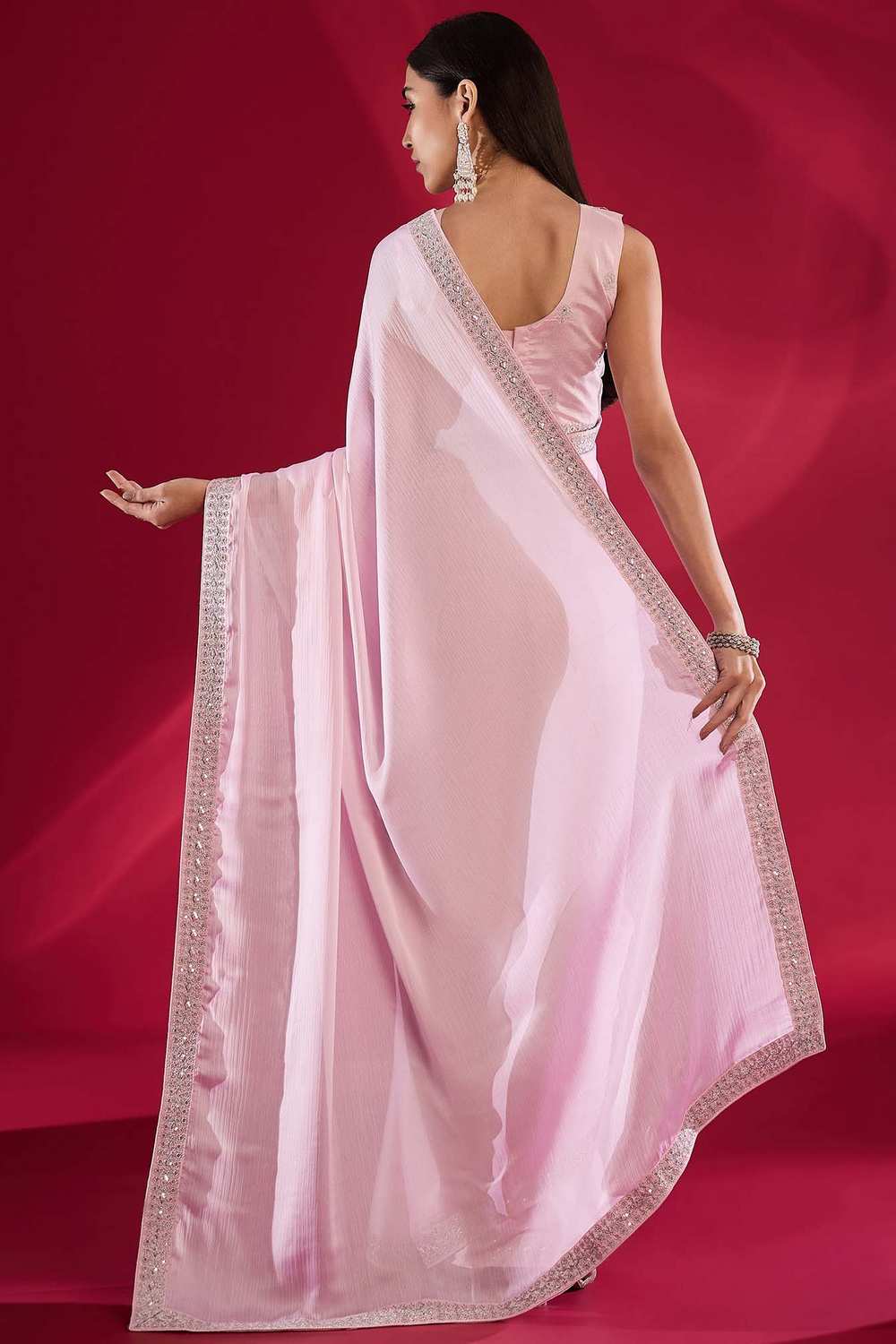 Sofi Pink Satin Silk  Solid Ready To Wear One Minute Saree