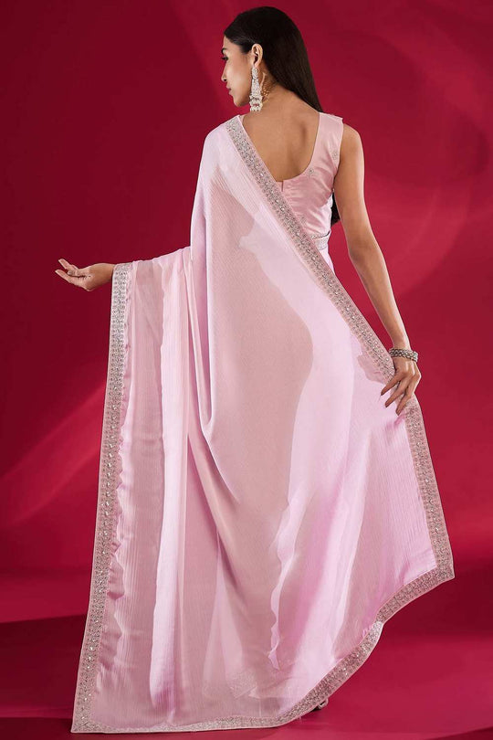 Sofi Pink Satin Silk  Solid Ready To Wear One Minute Saree
