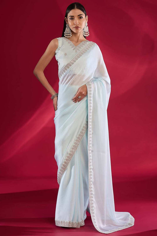 Sofi Light Blue Satin Silk Solid Ready To Wear One Minute Saree