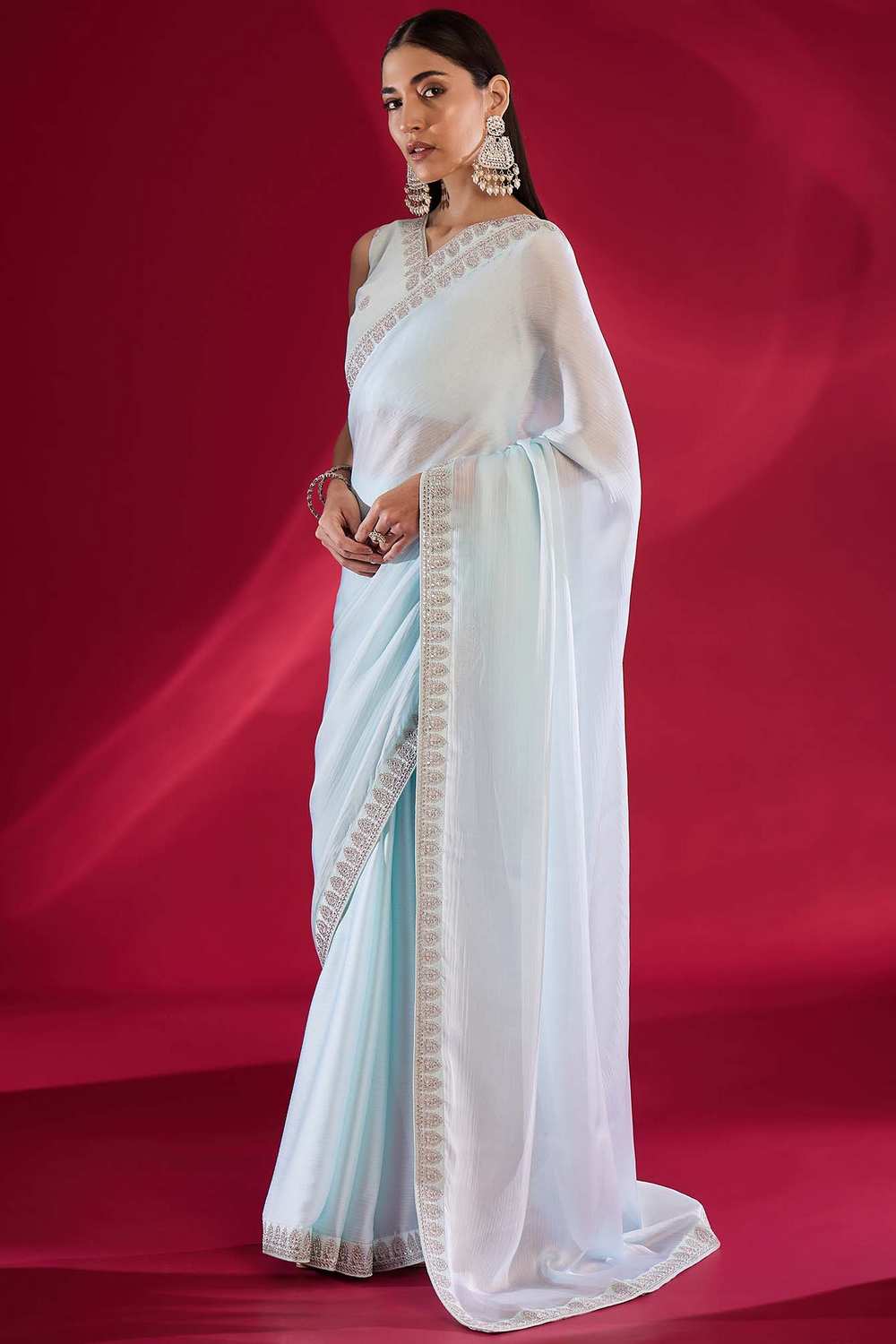 Sofi Light Blue Satin Silk Solid Ready To Wear One Minute Saree