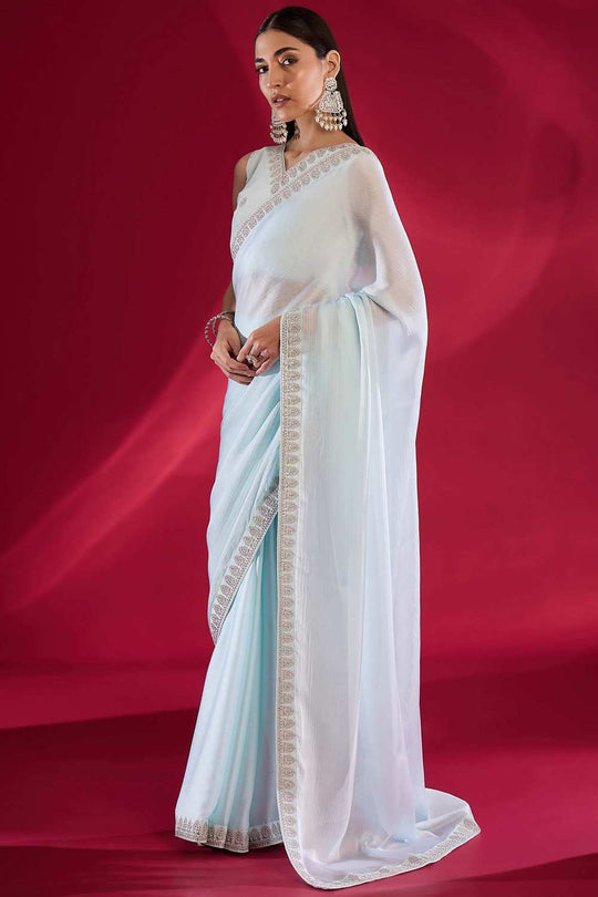 Sofi Light Blue Satin Silk Solid Ready To Wear One Minute Saree