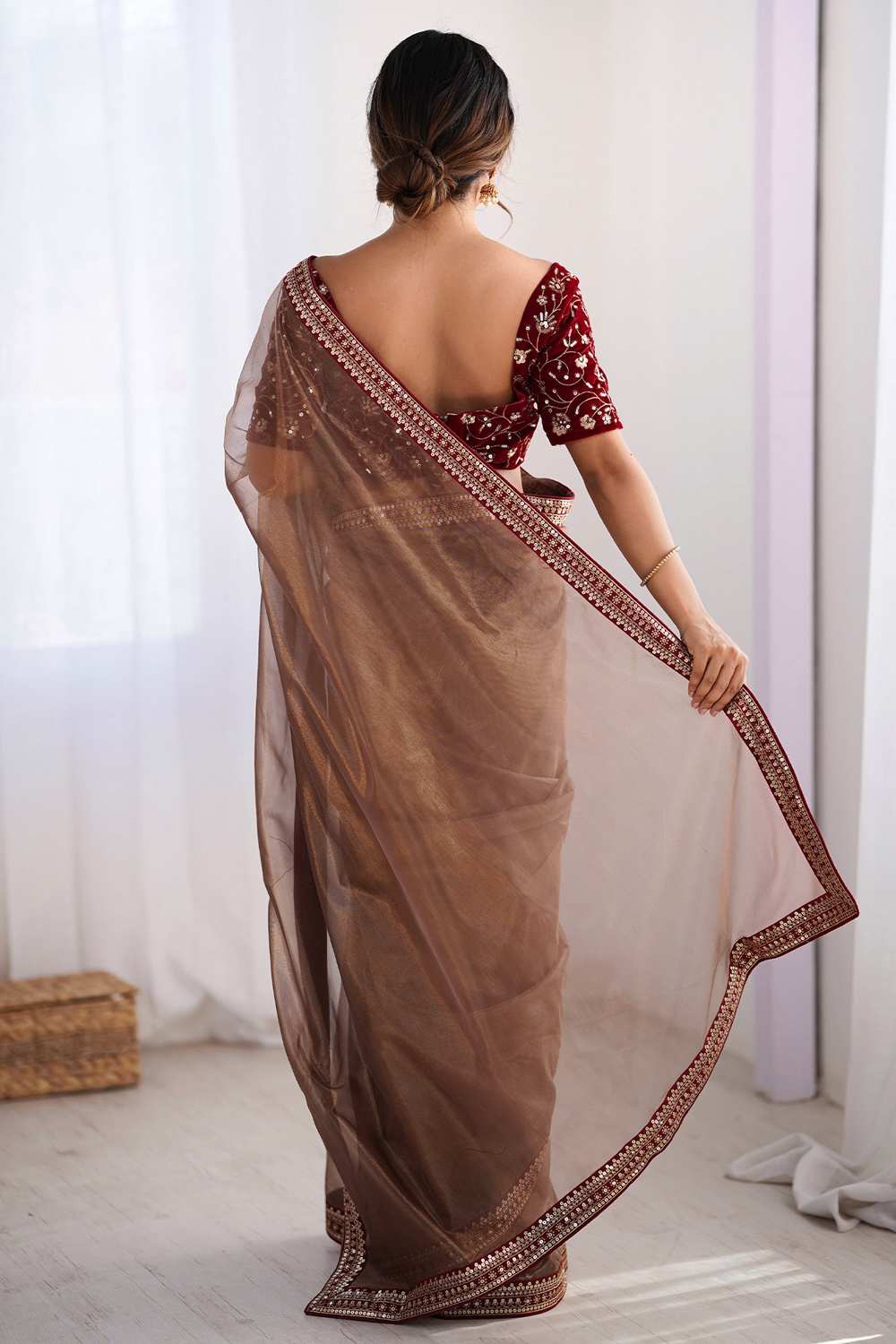 Shari Bronze Net Embellished  Ready To Wear One Minute Saree