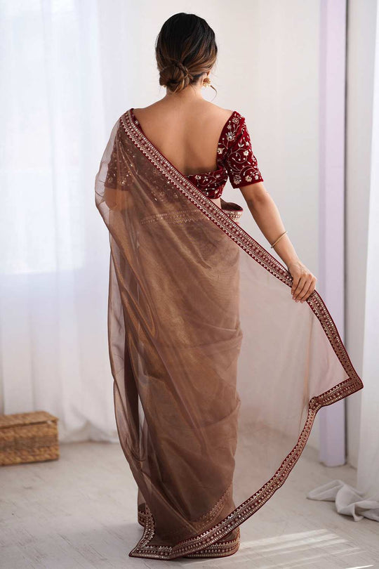 Shari Bronze Net Embellished  Ready To Wear One Minute Saree