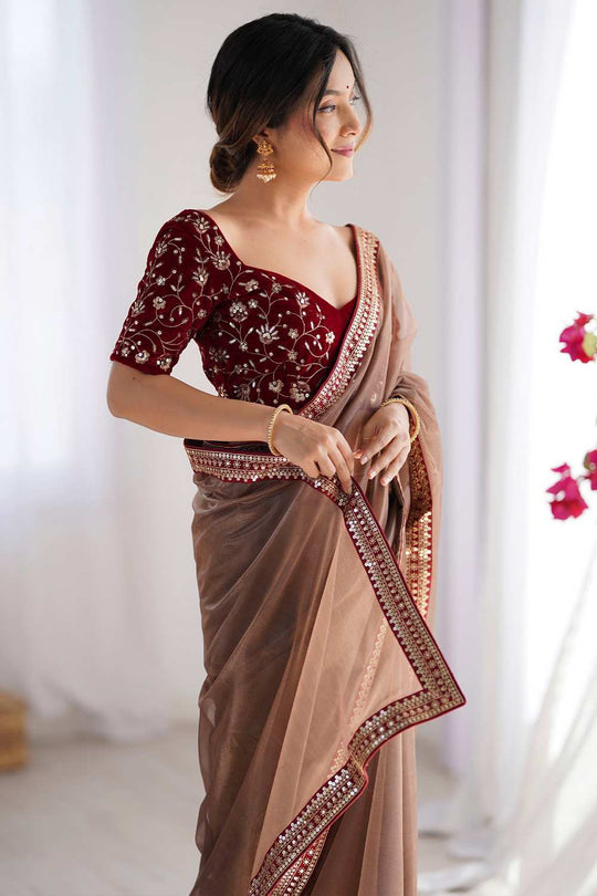 Shari Bronze Net Embellished  Ready To Wear One Minute Saree