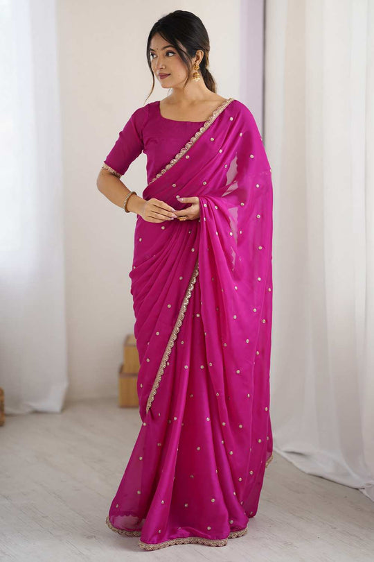 Trisha Pink Georgette Embroidered Ready To Wear One Minute Saree