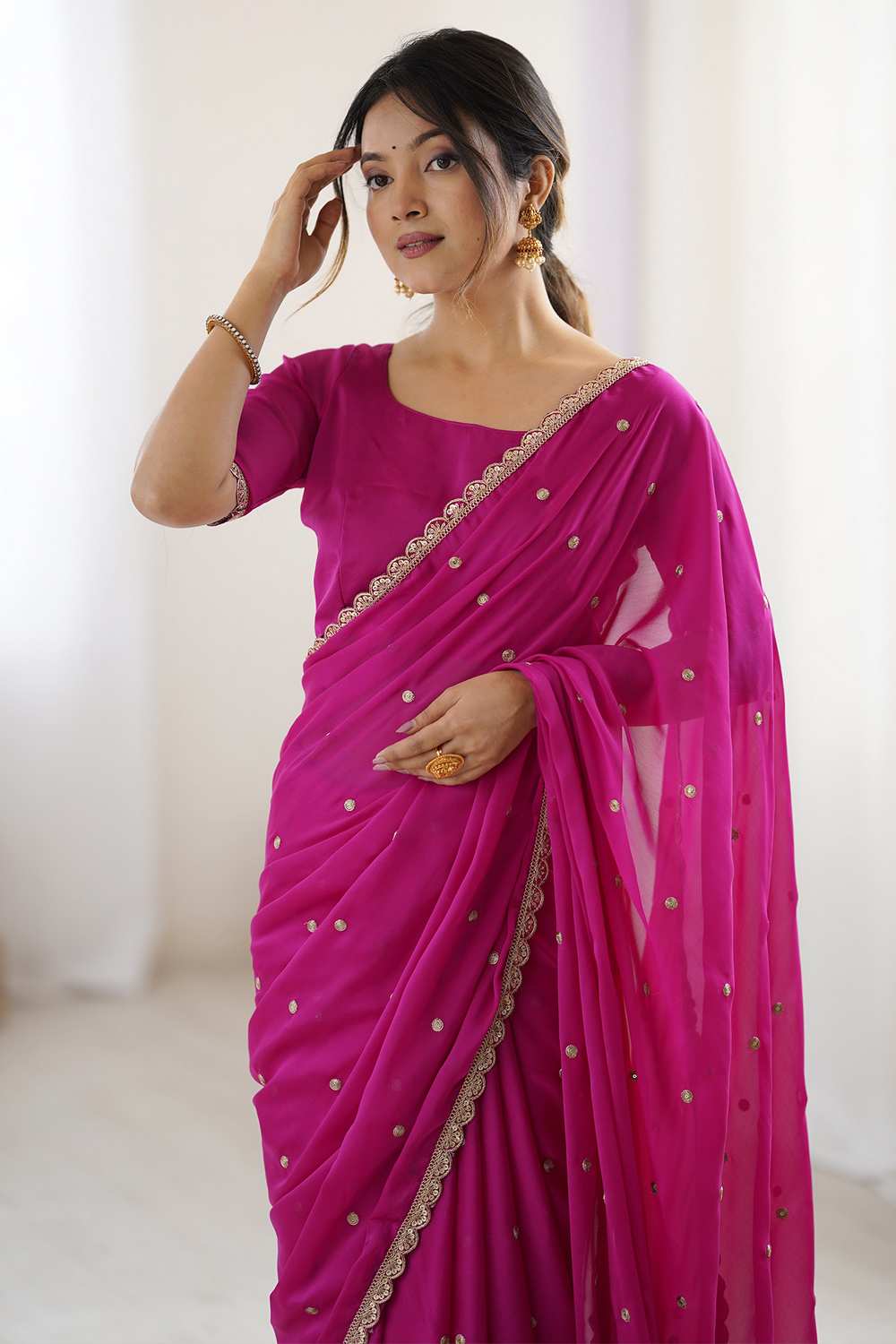 Trisha Pink Georgette Embroidered Ready To Wear One Minute Saree