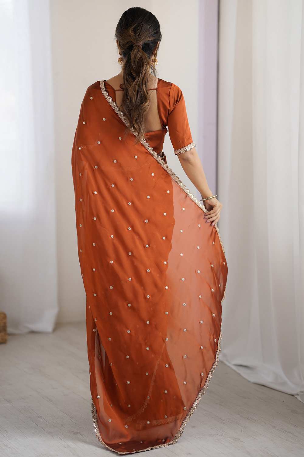 Trisha Brown Georgette Embroidered Ready To Wear One Minute Saree